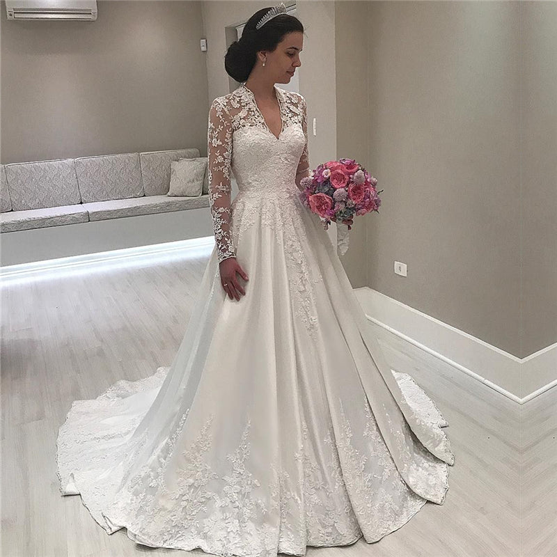 V-neck Lace Long Sleeve Wedding Dresses Vintage Satin Appliques