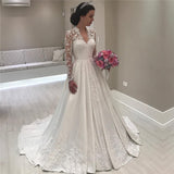 V-neck Lace Long Sleeve Wedding Dresses Vintage | Satin Appliques Royal Wedding Dress