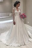 V-neck Lace Long Sleeve Wedding Dresses Vintage | Satin Appliques Royal Wedding Dress