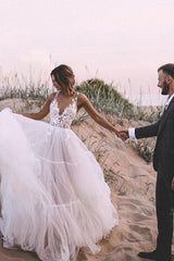 V-neck Lace Tulle Floor-length Beach Wedding Dress