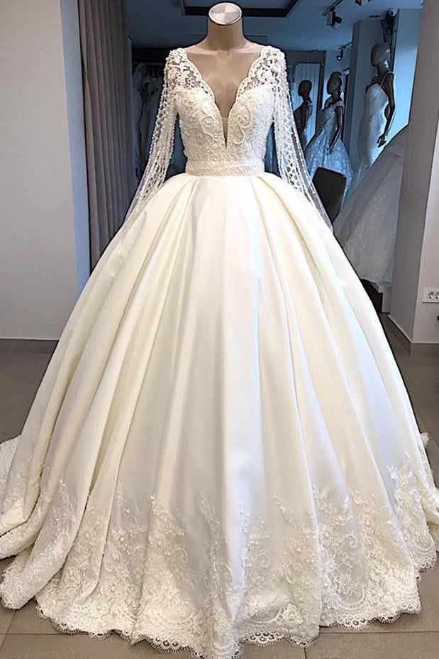 V-neck Long Sleeve Ball Gown Wedding Dress | Satin Beaded Lace Luxury Bridal Gowns Online