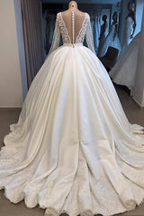V-neck Long Sleeve Ball Gown Wedding Dress | Satin Beaded Lace Luxury Bridal Gowns Online
