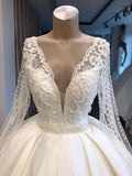 V-neck Long Sleeve Ball Gown Wedding Dress | Satin Beaded Lace Luxury Bridal Gowns Online