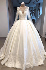 V-neck Long Sleeve Ball Gown Wedding Dress | Satin Beaded Lace Luxury Bridal Gowns Online