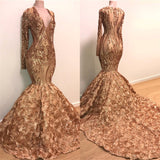 V-neck Long Sleeve Gold Sparkle Appliques Prom Dress | Mermaid Flowers Real Prom Dress on Mannequins BC1373