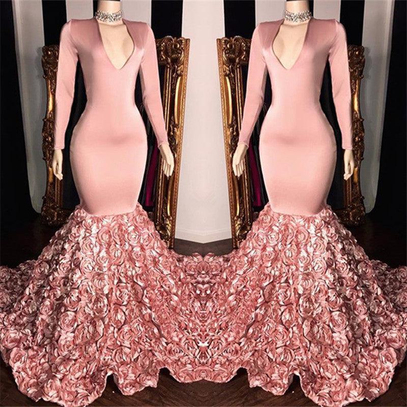 V-neck Long Sleeve Pink Floral Prom Dresses on Mannequins | Mermaid Evening Gowns BC1341