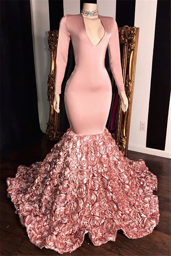 V-neck Long Sleeve Pink Floral Prom Dresses on Mannequins | Mermaid Evening Gowns BC1341