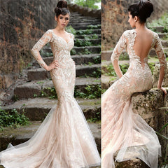 V-neck Long Sleeve Wedding Dresses Ivory | Mermaid Sexy Lace Evening Dresses bc1589
