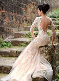 V-neck Long Sleeve Wedding Dresses Ivory | Mermaid Sexy Lace Evening Dresses bc1589