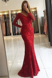 V-neck Open Back Red Lace Evening Dresses | Long Sleeve Mermaid Sexy Prom Dresses