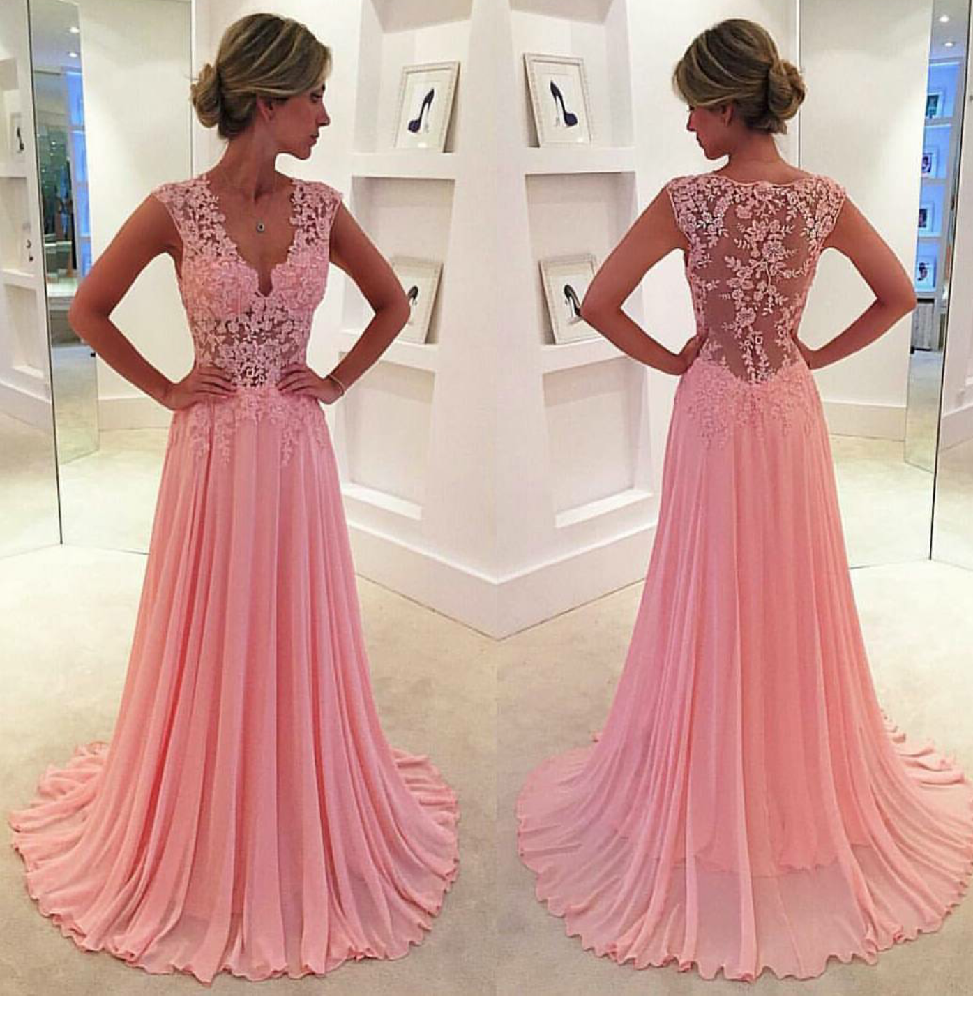 V-neck Pink Long Bridesmaid Dresses Lace Chiffon Mother Of the Bride Dresses