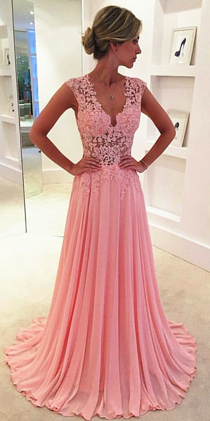 V-neck Pink Long Prom Dresses Elegant Popular Evening Dress CE043