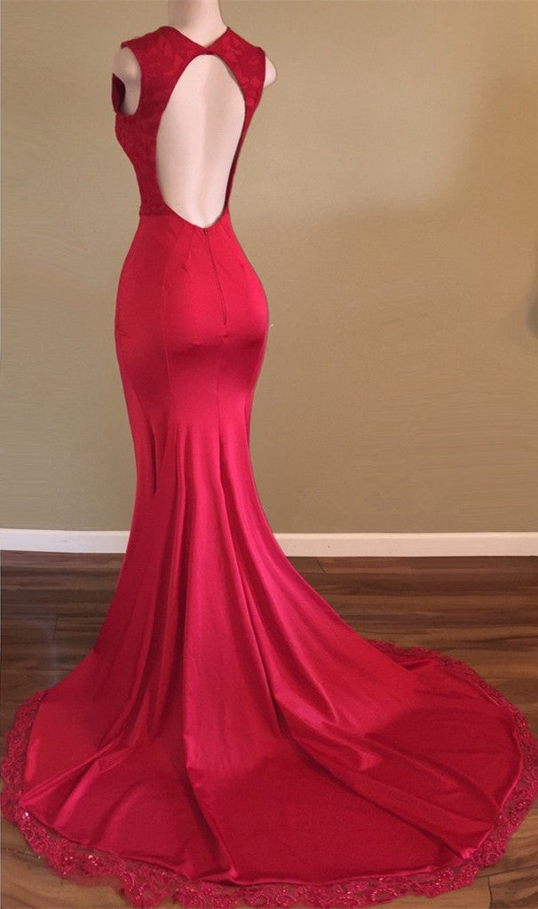 V-neck Red Backless Sleeveless Beads Front-Split Newest Prom Dress BA5293