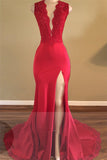 V-neck Red Backless Sleeveless Beads Front-Split Newest Prom Dress BA5293