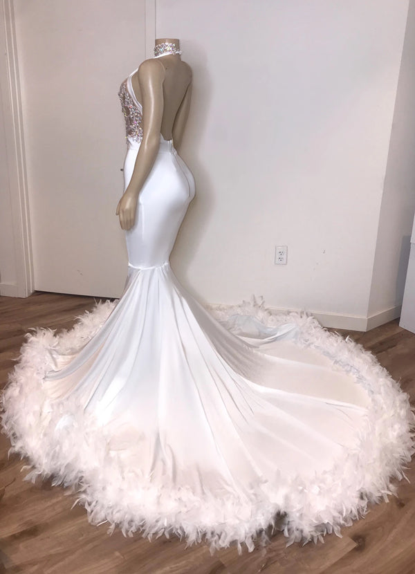 V-neck Sexy Backless White Prom Dresses with Feather | Mermaid Crystals Appliques Evening Gowns