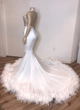 V-neck Sexy Backless White Prom Dresses with Feather | Mermaid Crystals Appliques Evening Gowns