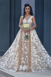 V-neck Sleeveless Lace Champagne Wedding Dresses Detachable Overskirt Backless Bride Dress