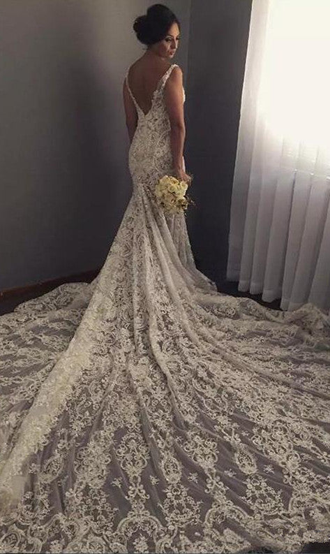 V-neck Sleeveless Mermaid Wedding Dresses Sexy Lace Appliques Bridal Gown WE0196