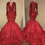 V-neck Sparkle Appliques Mermaid Floral Prom Dress | Long Sleeve Luxury Red Dress for Prom