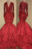 V-neck Sparkle Appliques Mermaid Floral Prom Dress | Long Sleeve Luxury Red Dress for Prom