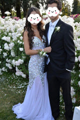 V-neck Sparkly Beaded Prom Gowns Chiffon Open Back Evening Dresses