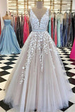 V-neck Straps Long Evening Dresses Lace Tulle Prom Dress with Beading Belt CE0208