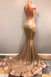 V-neck Straps Open Back Mermaid Sexy Prom Dresses | Champagne Gold Evening Gowns
