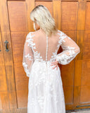 V neck Tulle Long Sleeves Floral Lace Wedding Dress