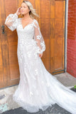 V neck Tulle Long Sleeves Floral Lace Wedding Dress