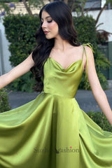 Vintage A Line Satin Off The Shoulder Sleeveless Green Prom Dress Formal Dress With Slit