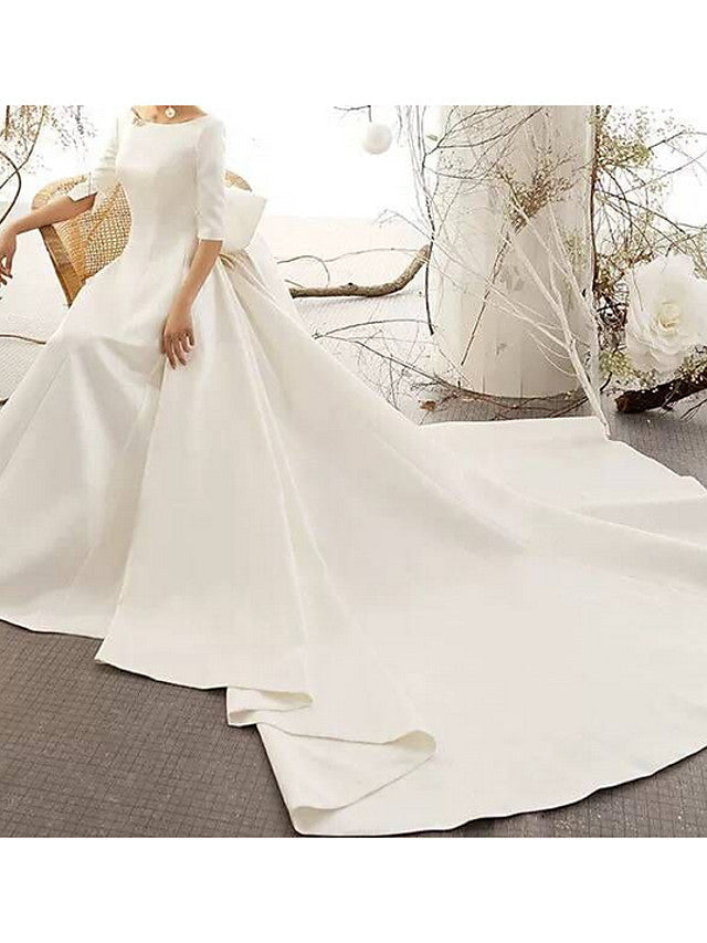 Vintage A-Line Wedding Dress Bateau Satin Half Sleeve Plus Size Bridal Gowns Illusion Detail with Court Train
