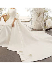 Vintage A-Line Wedding Dress Bateau Satin Half Sleeve Plus Size Bridal Gowns Illusion Detail with Court Train