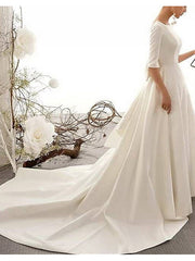 Vintage A-Line Wedding Dress Bateau Satin Half Sleeve Plus Size Bridal Gowns Illusion Detail with Court Train