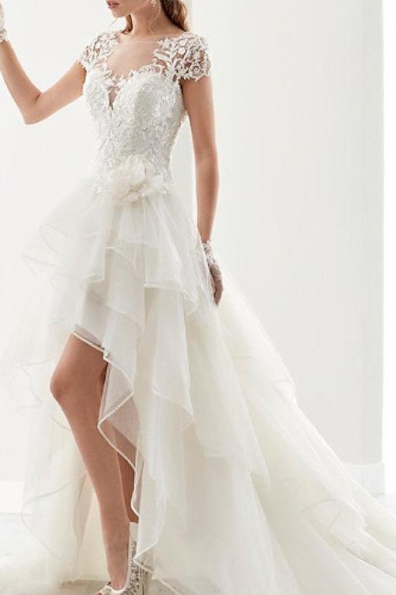 Vintage Asymmetrical A-Line Wedding Dress Jewel Lace Organza Short Sleeve Sexy Bridal Gowns Sweep Train