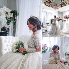 Vintage Ball Gown Lace Wedding Gowns Beaded Appliques Long Sleeves Lace Bride Dresses BA3212