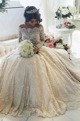 Vintage Ball Gown Lace Wedding Gowns Beaded Appliques Long Sleeves Lace Bride Dresses BA3212