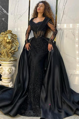 Vintage Black Prom Dress Mermaid Sweetheart Sleeves Sequined Panel Train Satin Formal Dress