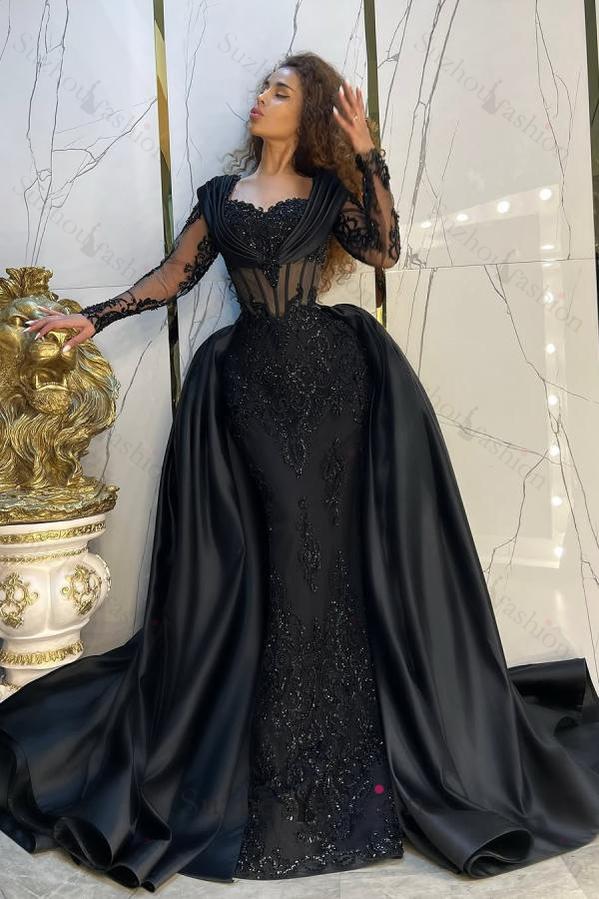 Vintage Black Prom Dress Mermaid Sweetheart Sleeves Sequined Panel Train Satin Formal Dress