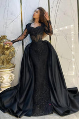 Vintage Black Prom Dress Mermaid Sweetheart Sleeves Sequined Panel Train Satin Formal Dress