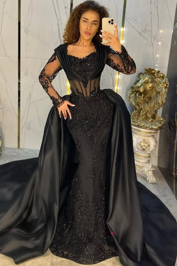 Vintage Black Prom Dress Mermaid Sweetheart Sleeves Sequined Panel Train Satin Formal Dress