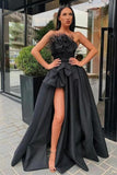 Vintage Black Strapless A-Line Floor-length Prom Dresses with Slit