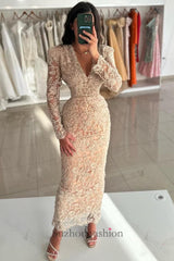 Vintage Champagne Prom Dress Column V Neck Sleeves Beading Lace Ankle Length Formal Dress
