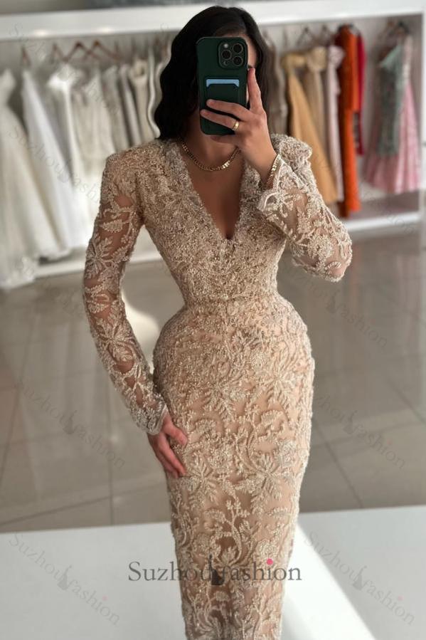 Vintage Champagne Prom Dress Column V Neck Sleeves Beading Lace Ankle Length Formal Dress