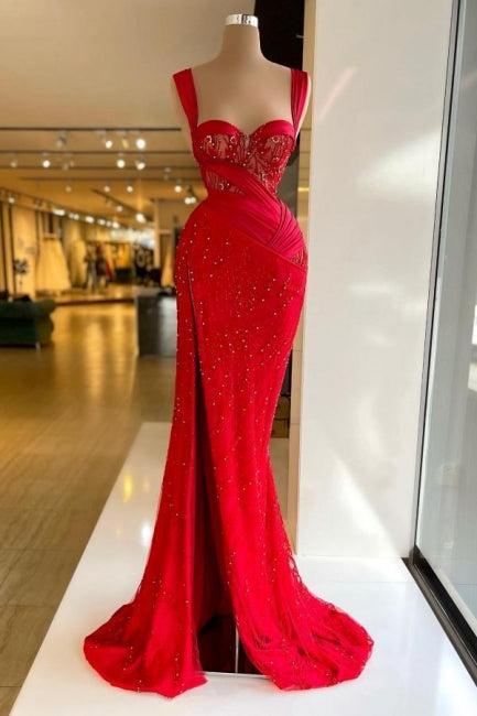 Vintage Column Prom Dress Satin Sweetheart Sleeveless Red Formal Dress With Split