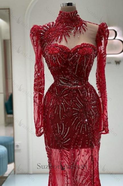 Vintage Column Prom Dress Tulle Sweetheart Sleeve Red Formal Dress With Appliques