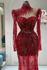 Vintage Column Prom Dress Tulle Sweetheart Sleeve Red Formal Dress With Appliques