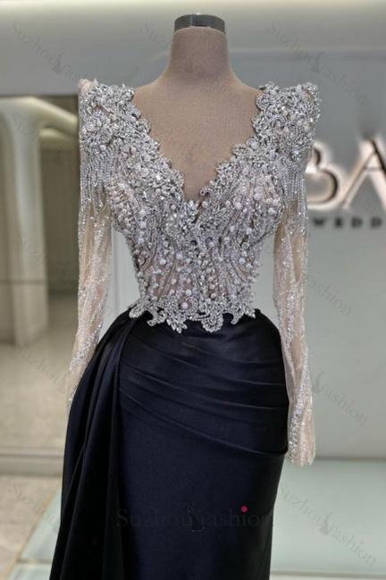 Vintage Column Satin Prom Dress Lace V Neck Sleeve Black Formal Dress With Beading