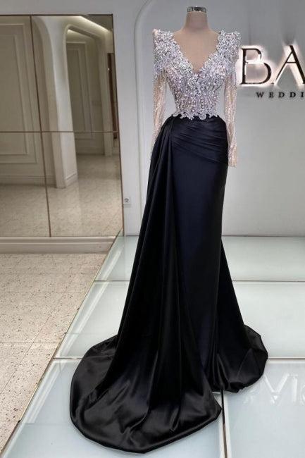 Vintage Column Satin Prom Dress Lace V Neck Sleeve Black Formal Dress With Beading