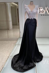 Vintage Column Satin Prom Dress Lace V Neck Sleeve Black Formal Dress With Beading