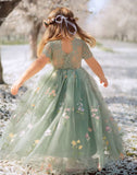 Vintage Green Cap Sleeves Long Flower Girl Dresses With Appliques